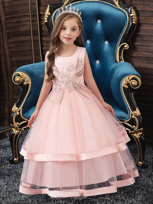 Sophisticated Gown Pink Ankle Length Beaded Princess Flower Girl Dresses Jewel Neck Sleeveless Kids Pageant Dresses Sophisticated Gown Pink Ankle Length Beaded Princess Flower Girl Dresses Jewel Neck Sleeveless Kids Pageant Dresses