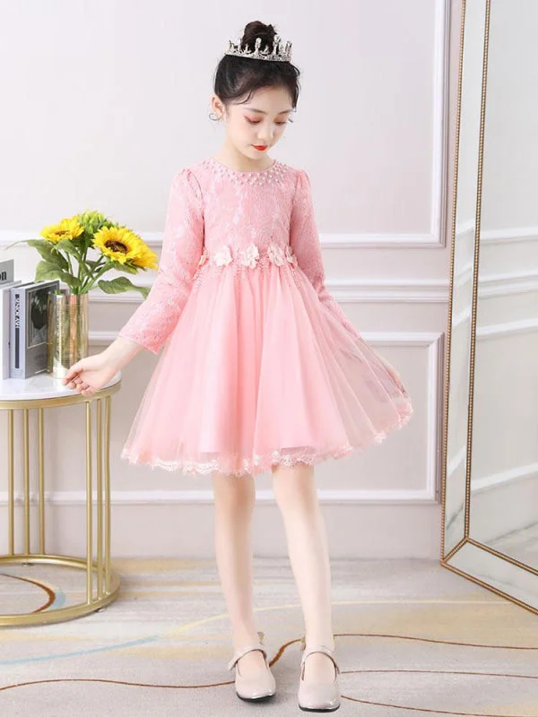 Floor-Length Gown Pink Beaded Tulle Lace Flower Girl Dresses Jewel Neck Long Sleeves Princess Kids Social Party Dresses Floor-Length Gown Pink Beaded Tulle Lace Flower Girl Dresses Jewel Neck Long Sleeves Princess Kids Social Party Dresses