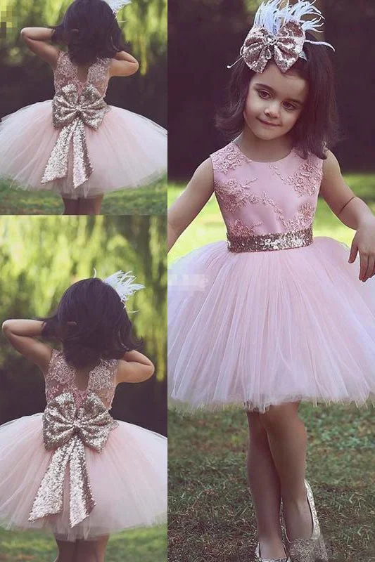 Long Sleeve Dress Pink Flower Girl Dress with Bowknot,Tutu Skirt