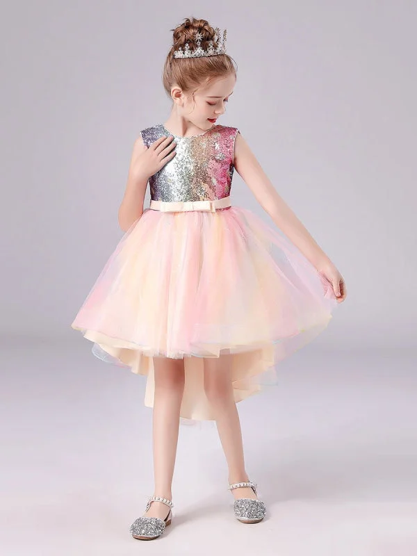 Luxury Dress Pink Flower Girl Dresses Tulle Sleeveless Short Princess Dress Bows Formal Kids Dresses
