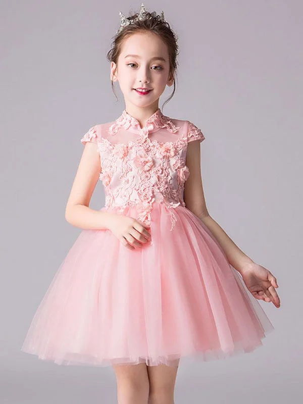Elegant Gown Pink Kids Birthday Party Dresses Flower Girl Dresses Neckline Sleeveless Bows