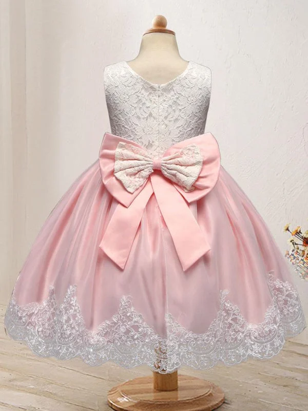 V-Neck Dress Pink Sleeveless Embroidered Kids Party Dresses Lace Appliques with Big Bowtie