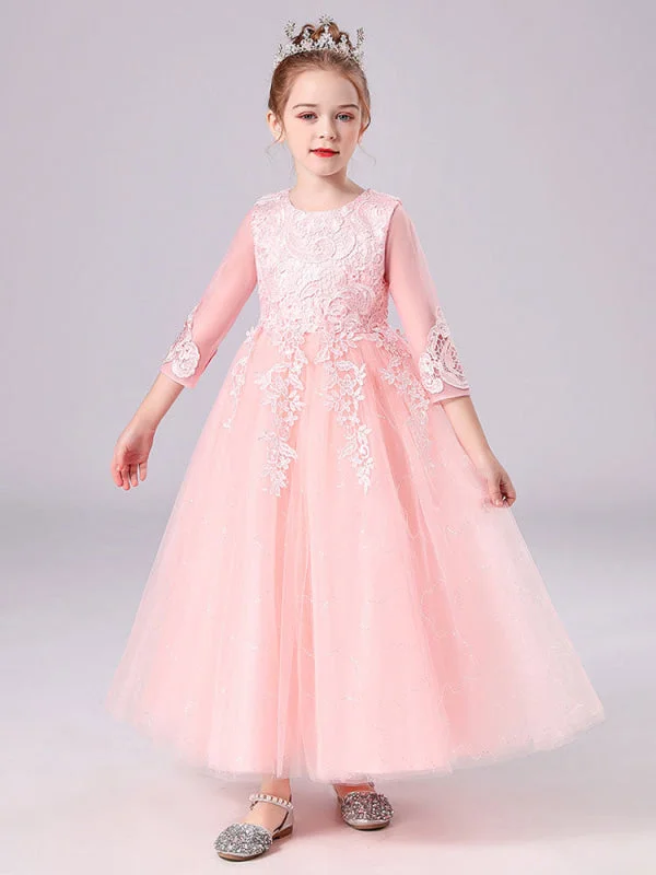 Elegant Beaded Dress Pink Tulle A-line Flower Girl Dresses 3/4 Length Sleeves Lace Appliques Embroidered Kids Party Dresses Elegant Beaded Dress Pink Tulle A-line Flower Girl Dresses 3/4 Length Sleeves Lace Appliques Embroidered Kids Party Dresses
