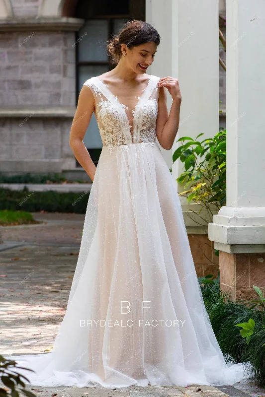 Couture Gown Pleated Plunging Neck Flower Lace Spring Summer Boho Bridal Gown