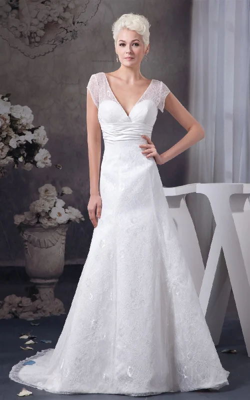 A-Line Gown Plunged Caped-Sleeve A-Line Gown with Appliques and Ruched Waist-GC_707293 A-Line Gown Plunged Caped-Sleeve A-Line Gown with Appliques and Ruched Waist-GC_707293