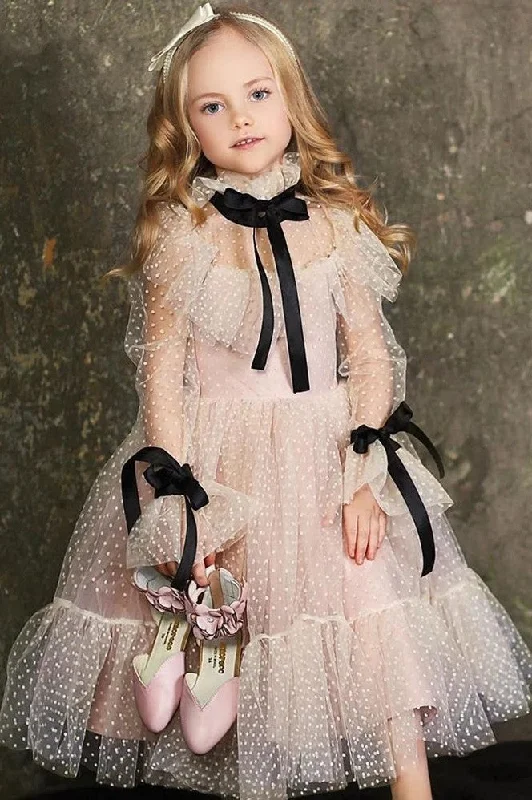 Ruched Gown Polka-dot Tulle Flower Girl Dresses Illusion Long Sleeves