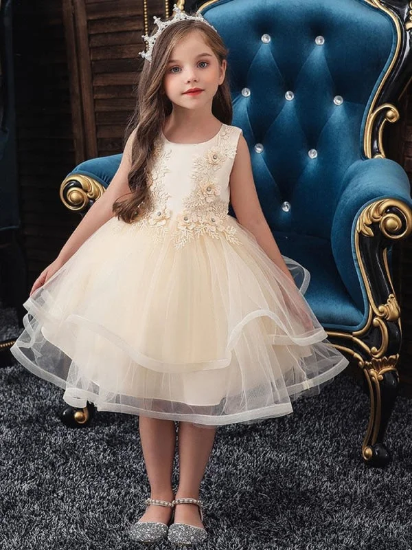 Maxi Formal Dress Polyester Sleeveless Knee-Length Ball Gown Flower Girl Dresses with Bows