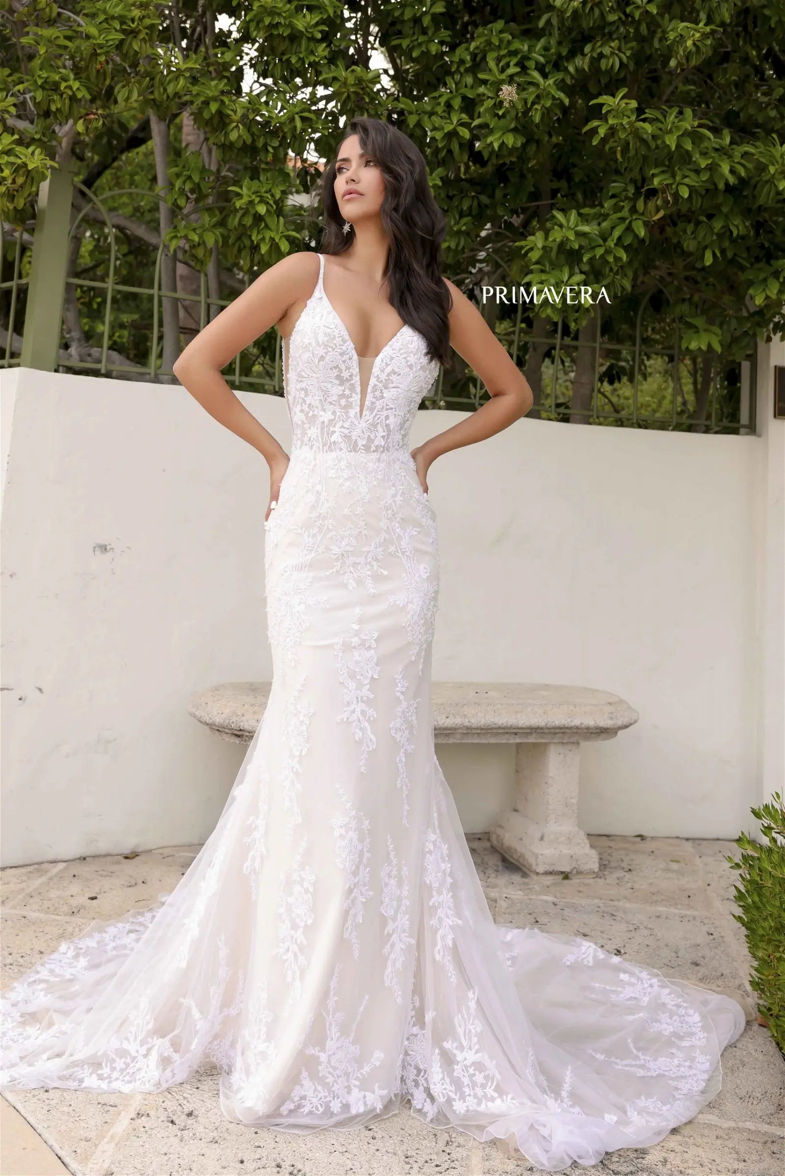 Taffeta Dress Primavera Couture Bridal 11103 Deep V-Neck Sheer Bodice Fit And Flare Silhouette Beaded Train Wedding Gown Taffeta Dress Primavera Couture Bridal 11103 Deep V-Neck Sheer Bodice Fit And Flare Silhouette Beaded Train Wedding Gown