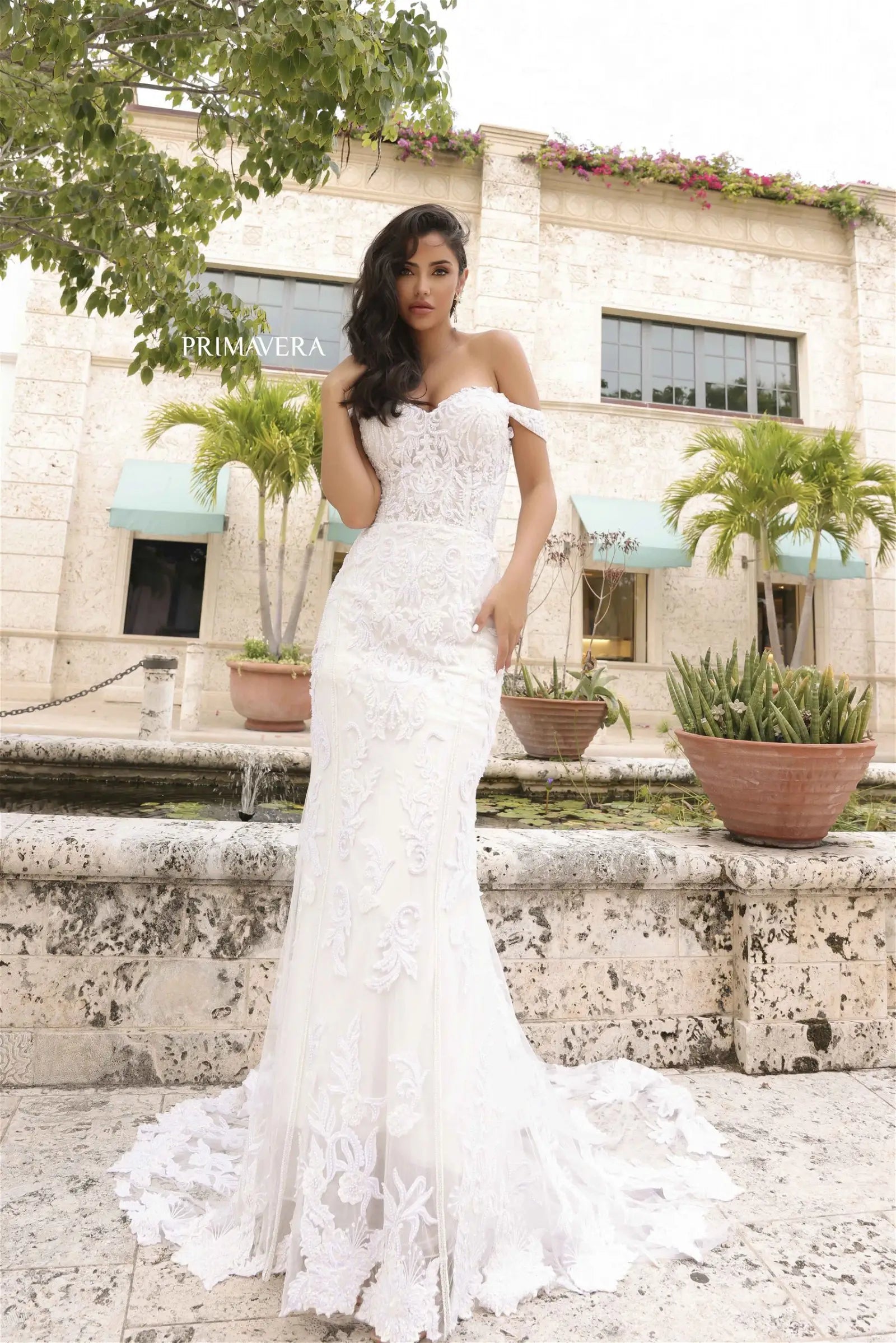 Classic Evening Dress Primavera Couture Bridal 11104 Off The Shoulder Lace Sweetheart Neckline Train Fitted Wedding Gown Classic Evening Dress Primavera Couture Bridal 11104 Off The Shoulder Lace Sweetheart Neckline Train Fitted Wedding Gown