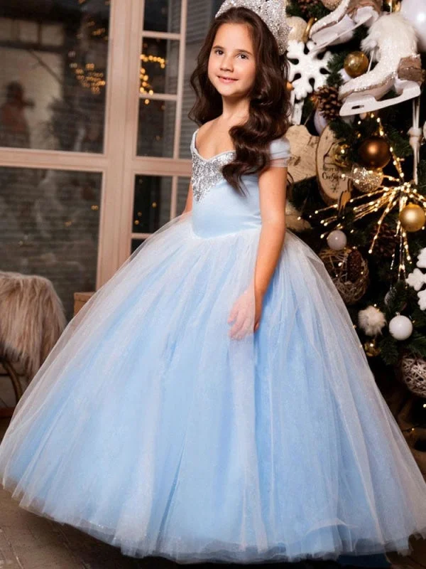 Metallic Formal Dress Princess Flower Girl Dresses Square Neck Sleeveless Sky Blue Lace Kids Party Dresses