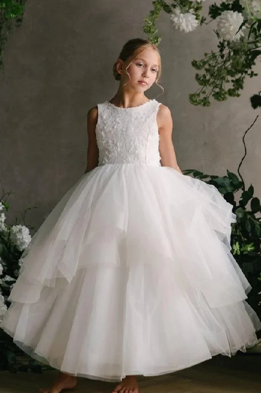 Sheer Panel Dress Princess Girl Party Dress White Lace Tulle Ball Gown