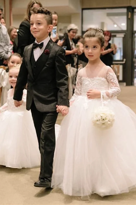 Beaded Dress Princess Jewel Long Sleeves White Flower Girl Dress with Lace
