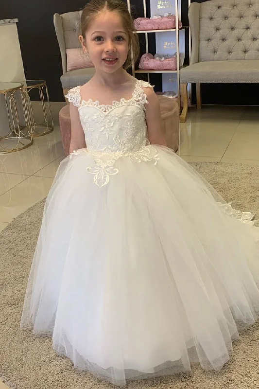 Vivid Color Gown Princess Lace Appliques White Flower Girl Dress with Bowknot