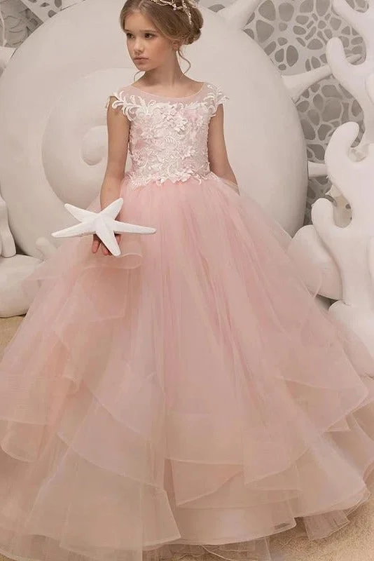 Elegant Beaded Dress Princess Long Pink Flower Girl Dress with Lace Appliques