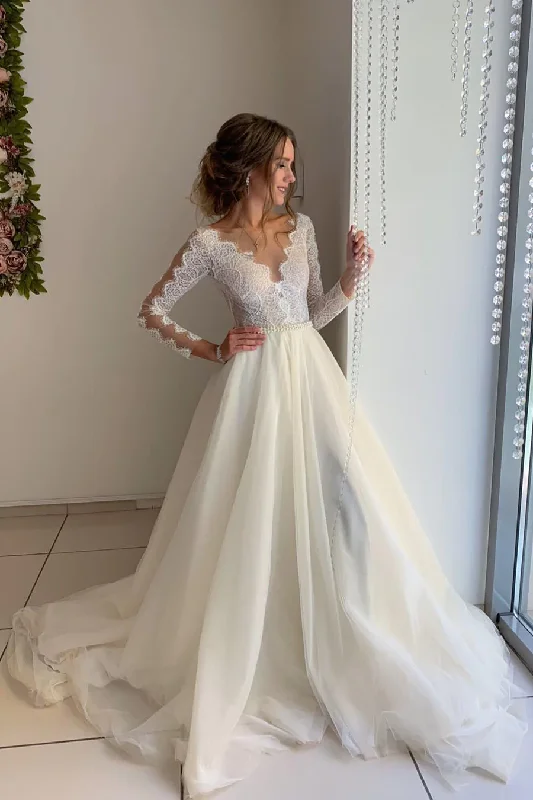 Party Dress Princess Long Sleeves A-line Ivory Wedding Dress with Lace       fg3132