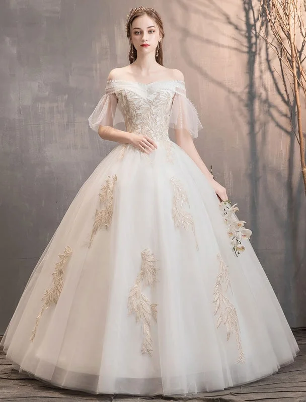 Puffy Sleeve Dress Princess Wedding Dress Ivory Off The Shoulder Floor Length Bridal Gown Puffy Sleeve Dress Princess Wedding Dress Ivory Off The Shoulder Floor Length Bridal Gown