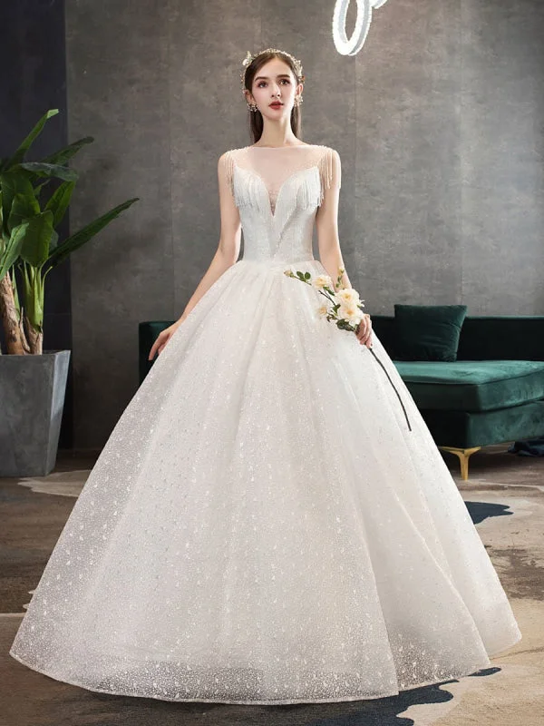 A-Line Gown Princess Wedding Dresses Ivory Illusion Neck Beaded Sleeveless Floor Length Bridal Gown A-Line Gown Princess Wedding Dresses Ivory Illusion Neck Beaded Sleeveless Floor Length Bridal Gown
