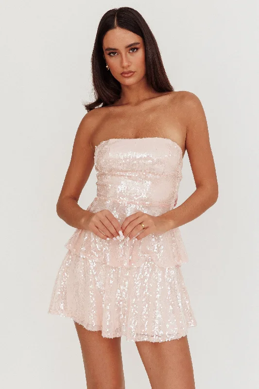 Embroidered Gown Provence Bloom Tiered Sequin Mini Dress Pink