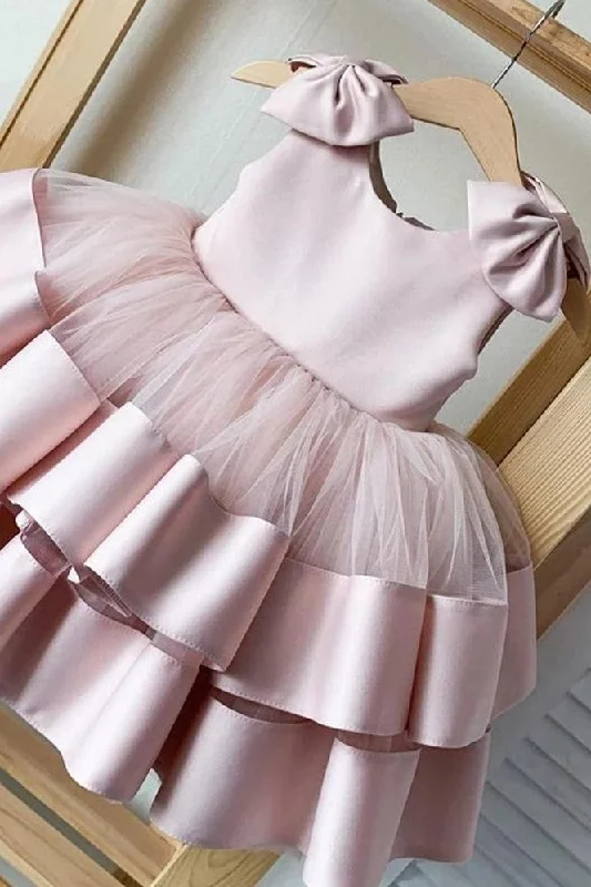 Mermaid Gown Puffy Layers Pink Flower Girl Dresses Satin Bow Kids