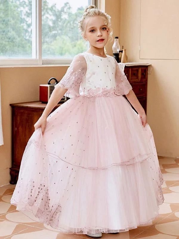 Slit Gown Puffy Short Sleeves Flower Girl Dresses Princess Lace Tulle Formal Kids Pageant Dresses