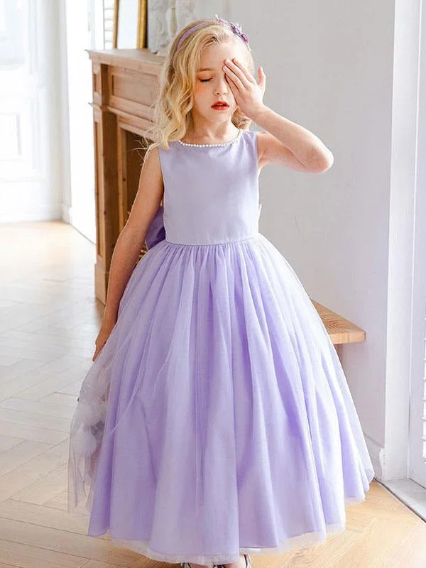 Fitted Formal Dress Purple Little Flower Girl Dresses Sleeveless Tulle Beaded Kids Party Dresses