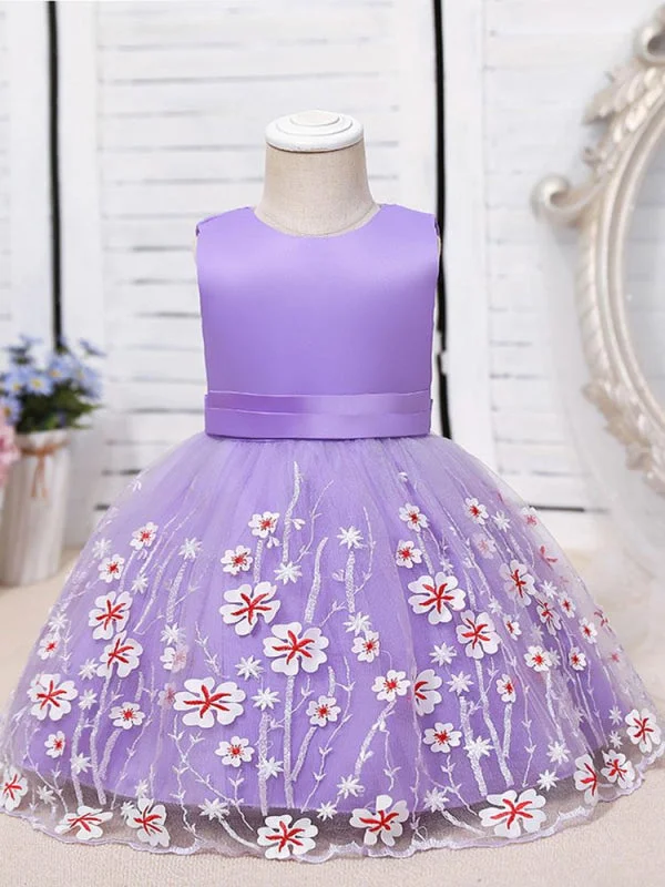 Evening Gown Purple Tulle Sleeveless Flower Girl Dresses Knee-Length A-Line Embroidered Kids Party Dresses