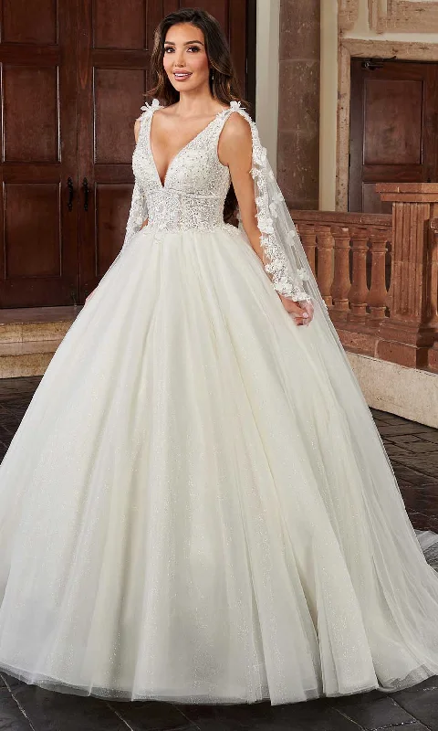 Timeless Satin Dress Rachel Allan Bridal RB6116 - Plunging V-Neck Bridal Gown With Cape