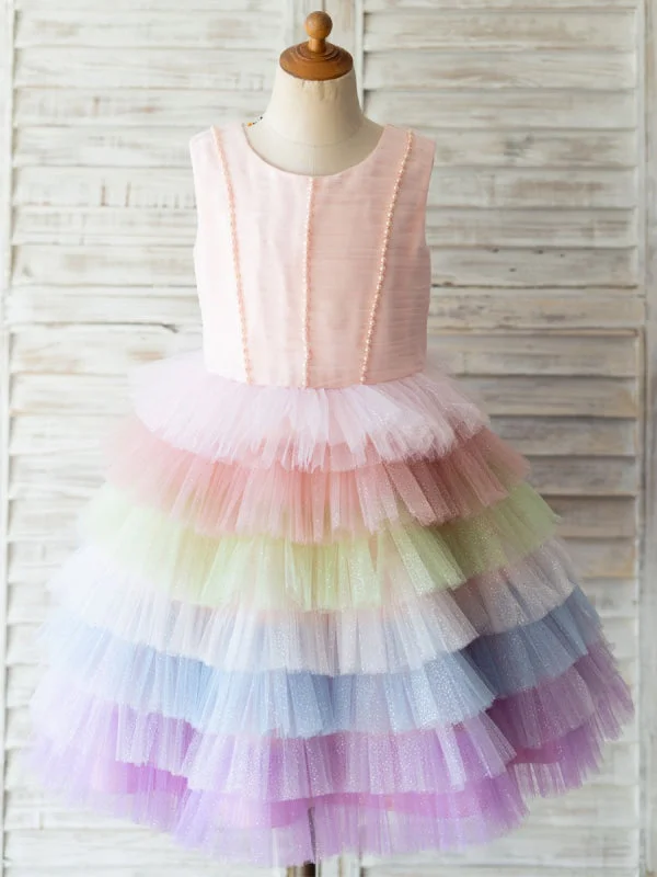 Ball Gown Rainbow Flower Girl Dresses Crew Neck Tulle Sleeveless Knee Length Princess Silhouette Pearls Kids Party Dresses