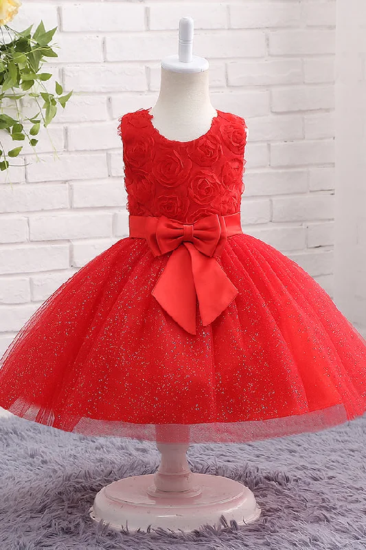 Whimsical Evening Gown Red Ball Gown Flower Girl Dress with Bow