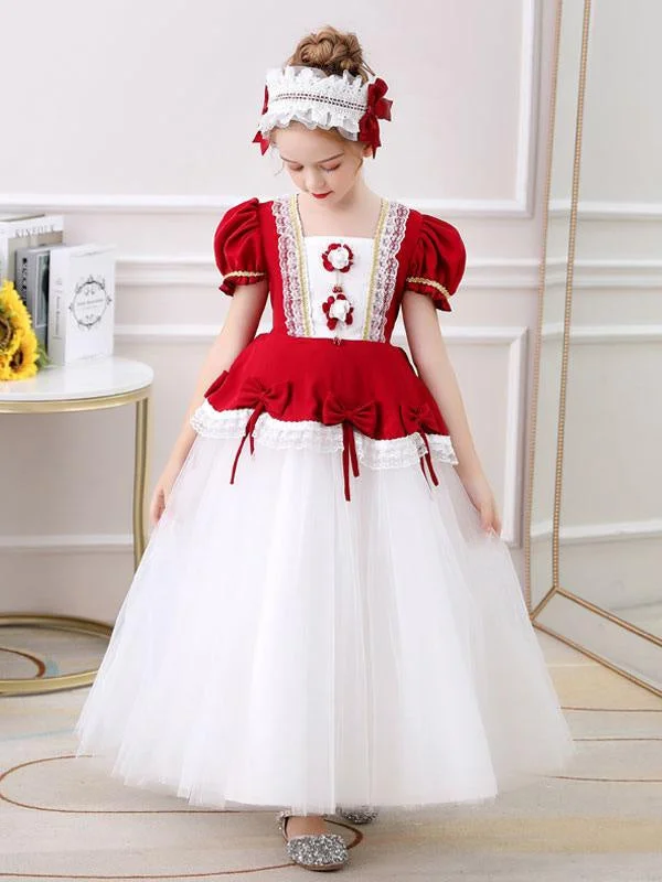 Formal Attire Red Country Flower Girl Dresses Square Neck Short Sleeves Ankle-Length Tulle Flowers Kids Party Dresses