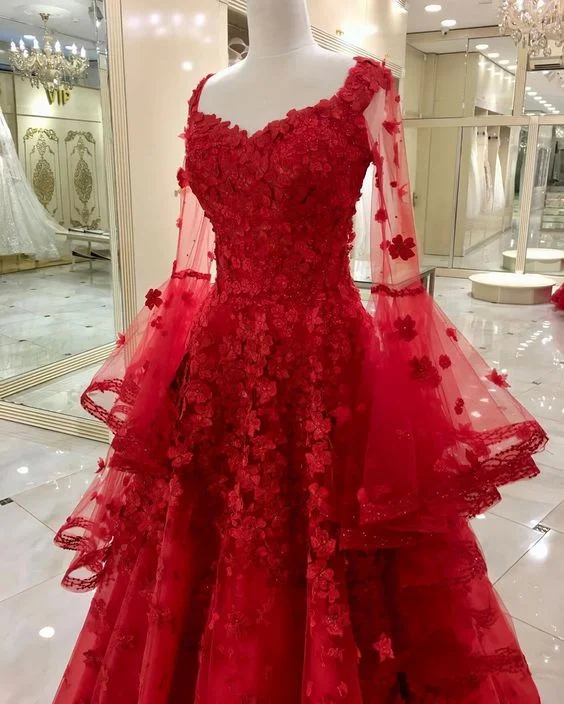 Halter Neck Dress Red Long Lace Tulle Prom Dresses, Long Wedding Dresses     fg2667