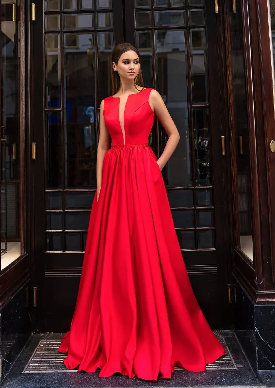 Halter Neck Dress Red Satin Formal Gown with Pockets