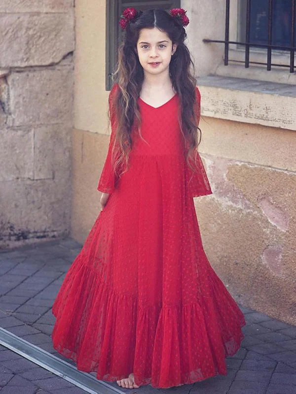 Dainty Chiffon Dress Red V-Neck Long Sleeves Ankle-Length A-Line Lace Formal Kids Party Dresses