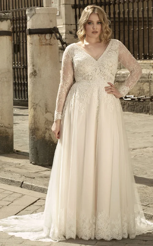 Deep V-Neck Dress Romantic A Line Lace Wedding Dress with Appliques and Train-716228 Deep V-Neck Dress Romantic A Line Lace Wedding Dress with Appliques and Train-716228