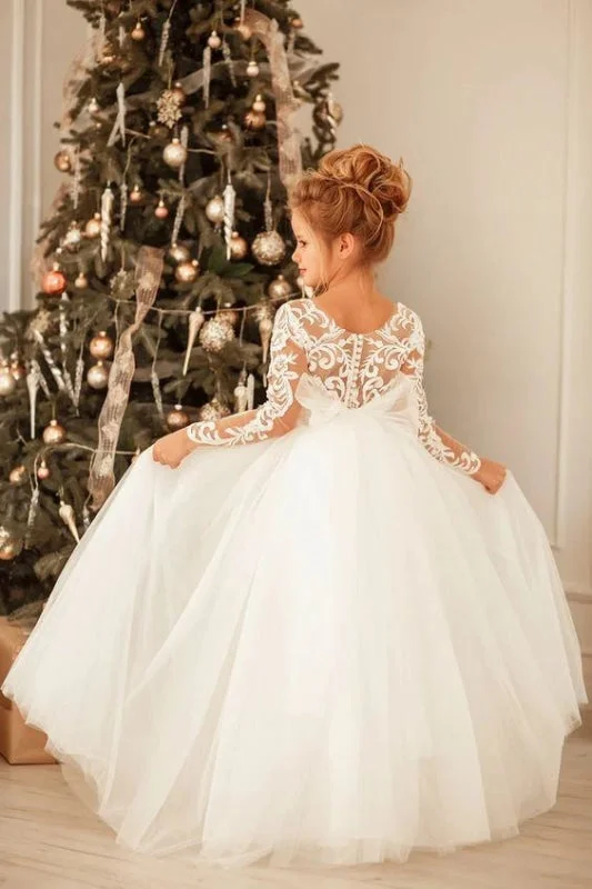 Lace Sleeves Dress Romantic Long Sleeves White Tulle Lace Appliques Wedding Party Dress for Girls Lace Sleeves Dress Romantic Long Sleeves White Tulle Lace Appliques Wedding Party Dress for Girls