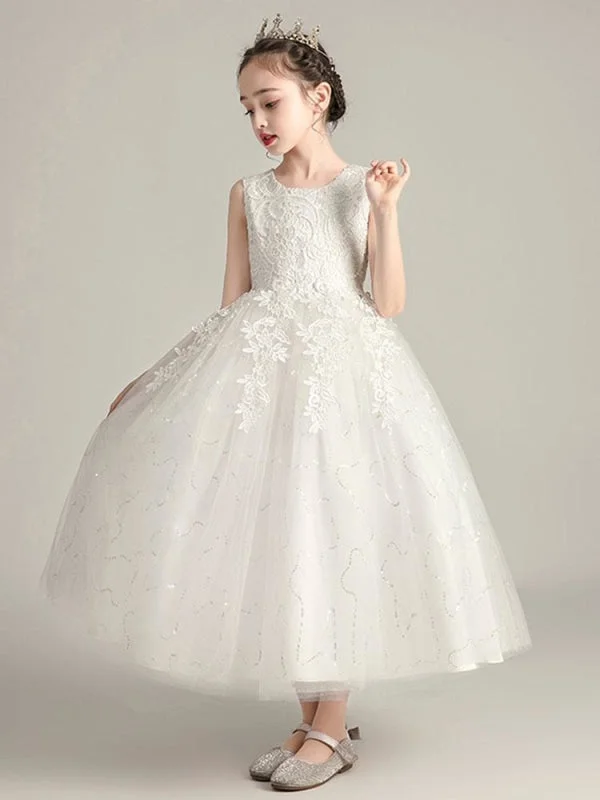 Organza Dress Romantic White Soft Tulle Lace White Flower Girl Dresses Jewel Neck Sleeveless Ankle Length Ball Gown Kids Party Dresses
