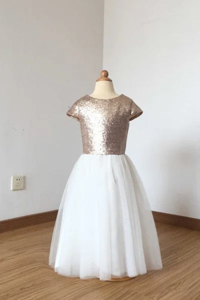 Open Back Dress Rose-gold Sequin Flower Girl Dress with Tulle Skirt