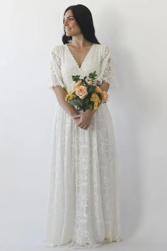 Applique Gown Ruching Details And Illusion Half Bell Sleeve Brush Train V-neck A-line Lace Wedding Dress-715902 Applique Gown Ruching Details And Illusion Half Bell Sleeve Brush Train V-neck A-line Lace Wedding Dress-715902