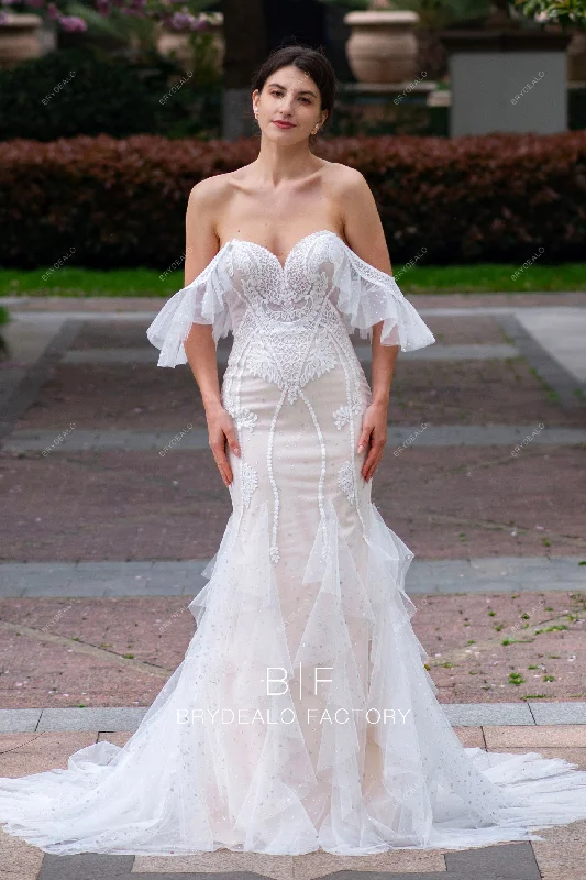 Lush Satin Gown Designer Ruffled Off Shoulder Lace Mermaid Destination Wedding Dress Lush Satin Gown Designer Ruffled Off Shoulder Lace Mermaid Destination Wedding Dress