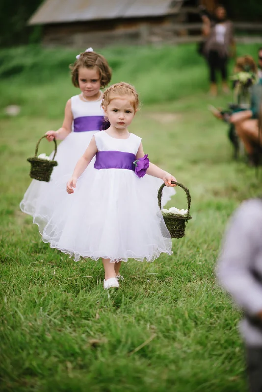 Red Carpet Dress Satin and Tulle Flower Girl Dress with Purple Flower Sash