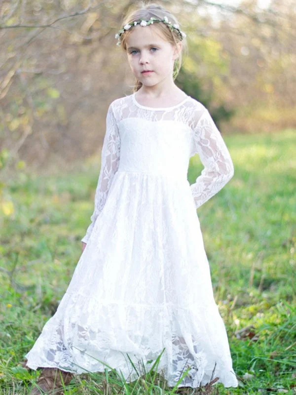 Modest Gown Satin Long Sleeves Ankle-Length Sheath Sash Flower Girl Dresses
