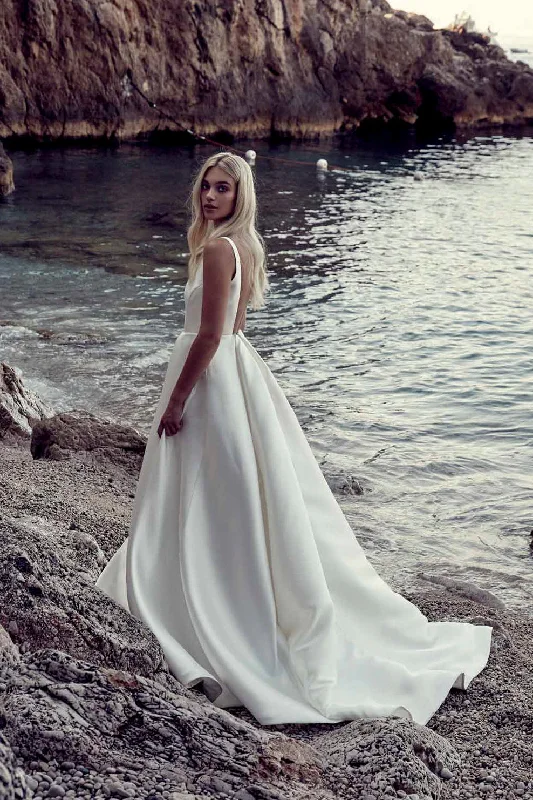 Chic Formal Gown Satin Plunging V-neck A-line Wedding Dress With Open Back-715747