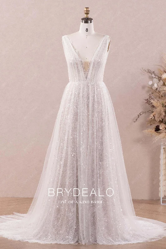 Off-Shoulder Gown Sparkly Scallop Lace Plunging Designer Nude A-line Wedding Dress Off-Shoulder Gown Sparkly Scallop Lace Plunging Designer Nude A-line Wedding Dress
