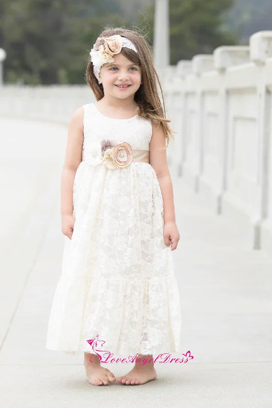 Maxi Formal Dress Scoop Neck Ankle Length Ivory Lace Baby Girl Dresses with Flower Belt Maxi Formal Dress Scoop Neck Ankle Length Ivory Lace Baby Girl Dresses with Flower Belt
