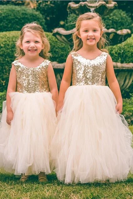 Floral Embroidery Dress Scoop Neck Gold Sequin Wedding Party Dress for Children