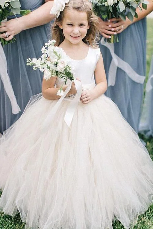 V-Neck Dress Scoop Neck Tulle and Satin Flower Girl Dress with Rhinestones Belt