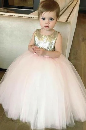 Luxe Satin Dress Sequin Tulle Flower Girls Dress Ball Gown with Bow Belt