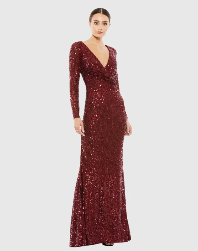 Floor-Length Satin Dress Red Sequined Faux Wrap Long Sleeve Column Gown