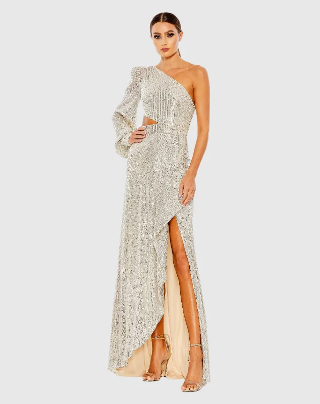 Metallic Formal Dress Sequined One Shoulder Cut Out Gown