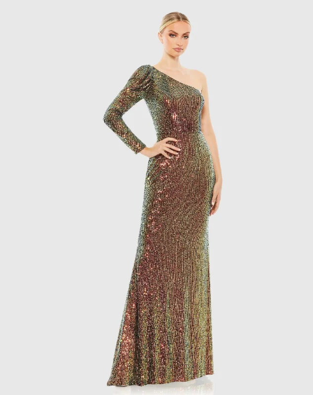 Embroidered Gown Sequined One Shoulder Trumpet Gown